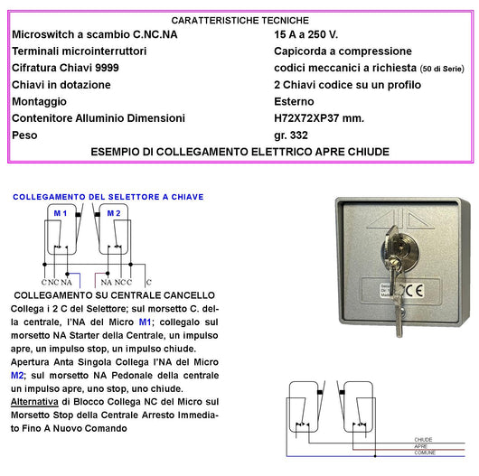 Selettore in Alluminio Ritorno a Molla 2 Chiavi 3 Posizioni Apre Stop Chiude 2 Microswitch Contatti 15 A Isolamento 250 V Apertura Condominiale Pedonale Montaggio Esterno a Parete Comando Automatismi