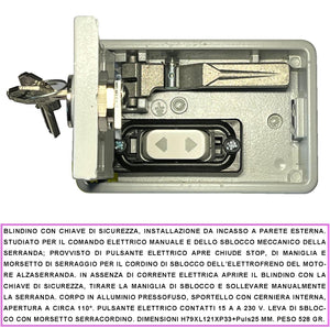 Blindino da Incasso in Alluminio 2 Chiavi Leva di Emergenza Assenza Rete Sblocco Elettrofreno Pulsante Elettrico Apre Chiude 15A 230 V Montaggio Esterno a Parete Per Automatismi Motore Elettrico