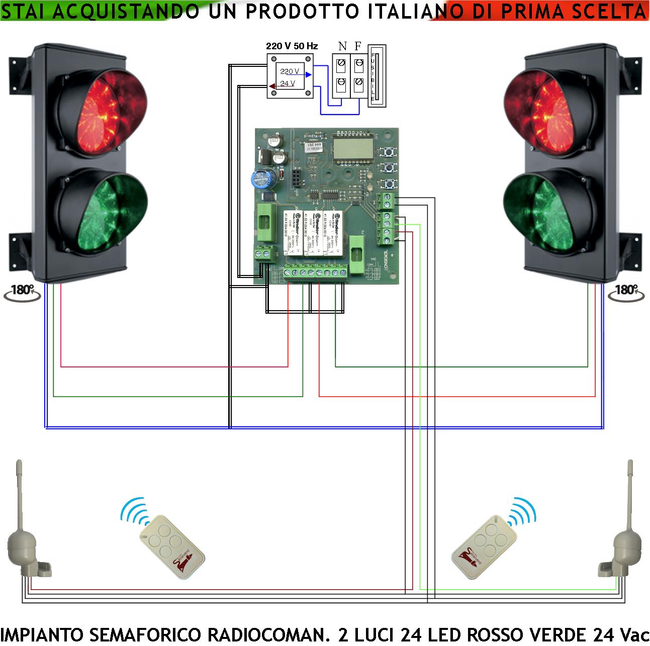 Impianto Semaforico Orientabile 180° Semafori 24 Led Rossi 24 Led Verdi Lente Ø 124 mm Aliment. 24 Vac 3 W IP65 Tempi Regolabili da 8 a 120. Prenotazione da Utente con Radiocomandi Ingresso Condominio