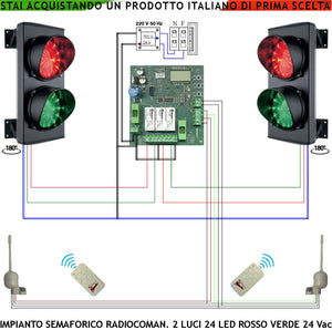 Impianto Semaforico Orientabile 180° Semafori 24 Led Rossi 24 Led Verdi Lente Ø 124 mm Aliment. 24 Vac 3 W IP65 Tempi Regolabili da 8 a 120. Prenotazione da Utente con Radiocomandi Ingresso Condominio