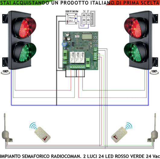 Semaforo Orientabile 180° Rampa Garage Kit Semafori 24 Led Rossi 24 Led Verdi Lente Ø 124 mm Aliment. 24 Vac 3 W IP65 Tempi Regolabili da 8 a 120 Sec. Prenotazione da Operatore Tramite 2 Radiocomandi