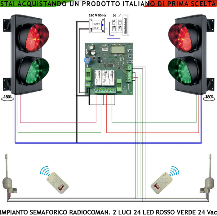 Impianto Semaforico Orientabile 180° Parcheggio Semaforo 24 Led Rossi 24 Led Verdi Lente Ø 124 mm Aliment. 24 Vac 3 W IP65 Tempi Regolabili da 8 a 120. Prenotazione Ingresso con Radiocomandi da Utente