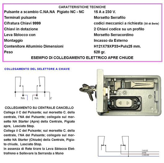 Sblocco Elettrofreno Blindino in Alluminio da Incasso Con 2 Chiavi Pulsante Elettrico Apre Chiude 15A 230 V Leva di Emergenza Assenza Rete Montaggio Esterno a Parete Per Automatismi Comando Elettrico