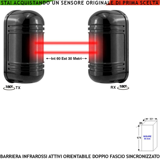 Doppio Raggio Infrarosso Attivo Barriera Orientabile Segnala Allarme Passaggio Estraneo Protezione Portata 60 MT Interno 30 MT Esterno Collegamento Filare Alimentazione 12 V Sensore Lineare Antifurto