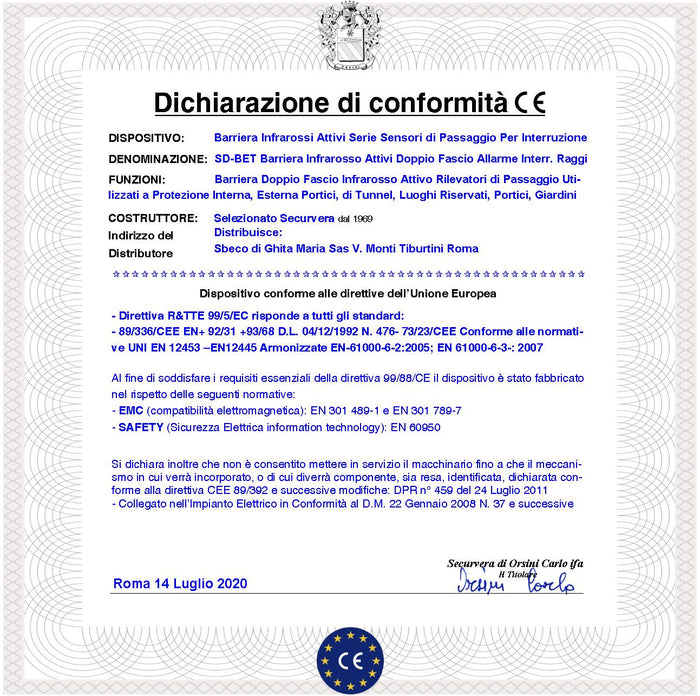Sensore Passaggio Estranei 4 Pezzi Barriera Infrarossi Attivi Doppio Fascio Orientabile Segnala Allarme Intruso Protezione Lineare Portata 60 MT Interno 30 MT Esterno Collegamento Filare Aliment. 12 V