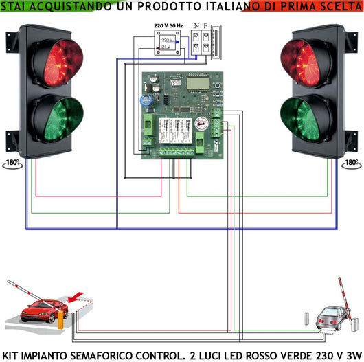 Kit Semaforo Rampa Garage Orientabile 24 Led Rossi e 24 Verdi Lente Ø 124 mm Alimentazione 230 V 3W IP65 Tempi Regolabili da 8 a 120. Due Sensori Masse Metalliche Rilevano Transito e Sosta dei Veicoli