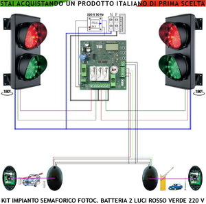 Impianto Semaforico Orientabile 180° Parcheggio 24 Led Rossi 24 Led Verdi Lente Ø 124 mm Aliment. 230 V 3W Stagno IP65 Tempi Regolabili da 8/120. Due Coppie Fotocellule TX Batteria Controllo Ingressi