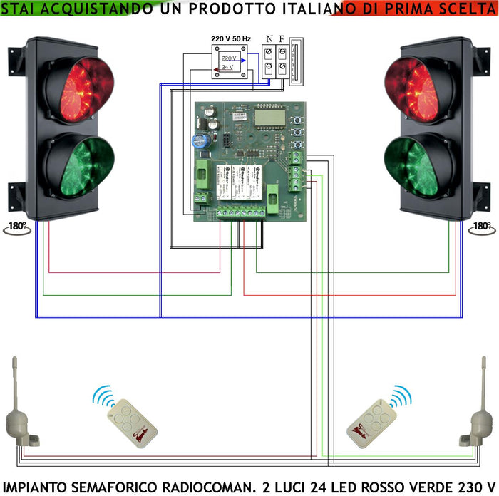 Semaforo Orientabile 180° per Garage 24 Led Rossi 24 Led Verdi Lente Ø 124 mm Aliment. 230 V 3 W IP65 Tempi Regolabili da 8 a 120. Funzioni Comando Manuale 2 Radiocomandi Richiesta Ingresso Parcheggio