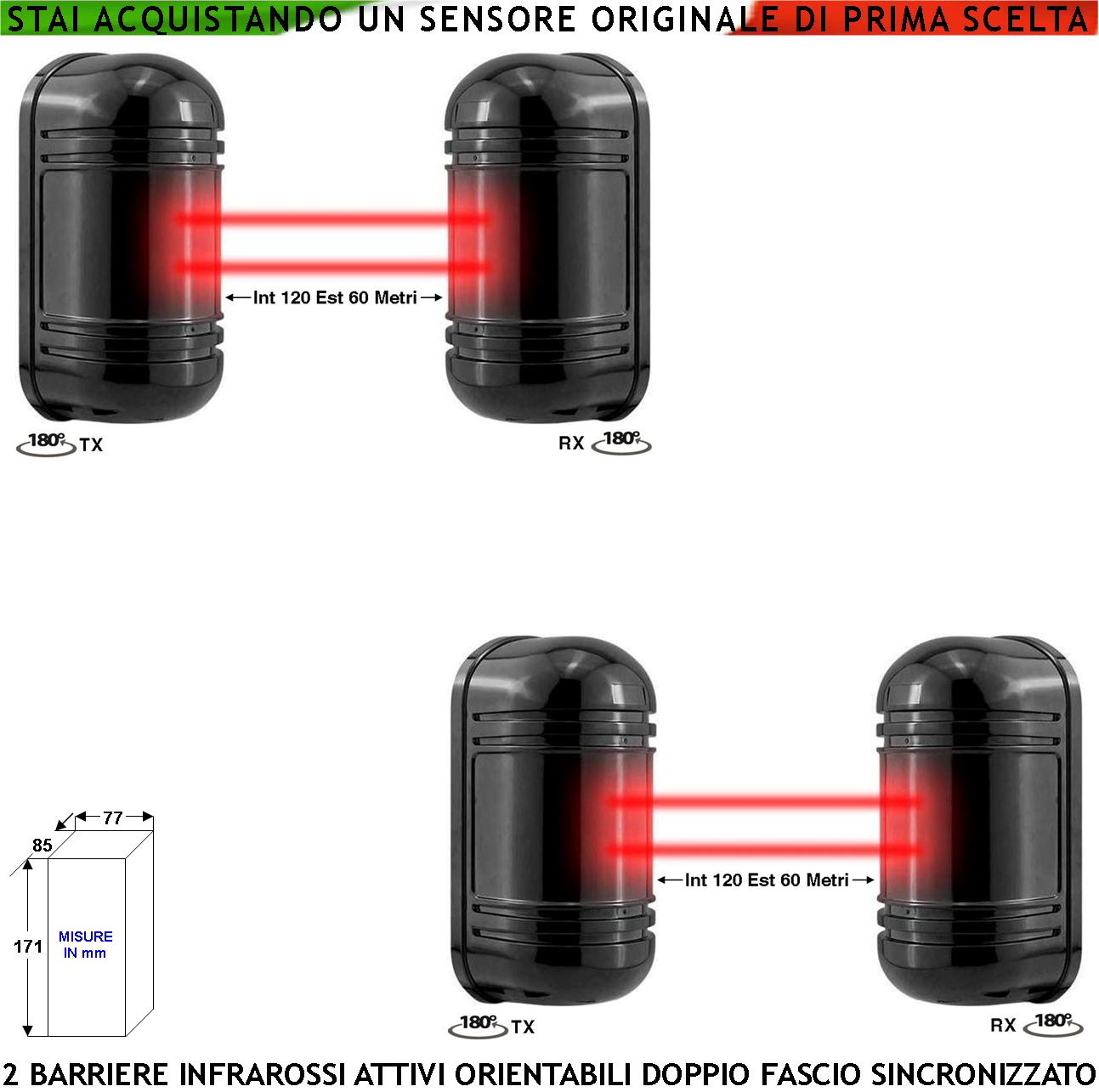 Infrarossi Attivi Doppio Fascio Orientabile 2 Pezzi Sbarramento Lineare Sensore Passaggio Segnala Allarme Intruso Portata 120 MT Interno 60 MT Esterno Collegamento Filare Alim. 12 V Barriera Antifurto
