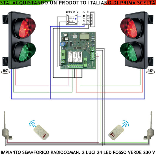 Semaforo Led Orientabile 180° per Rampa Garage Kit Semafori 24 Led Rossi 24 Led Verdi Lente Ø 124 mm Aliment. 230 V 3 W IP65 Tempi Regolabili da 8 a 120. Prenotazione da Utente Tramite Radiocomandi
