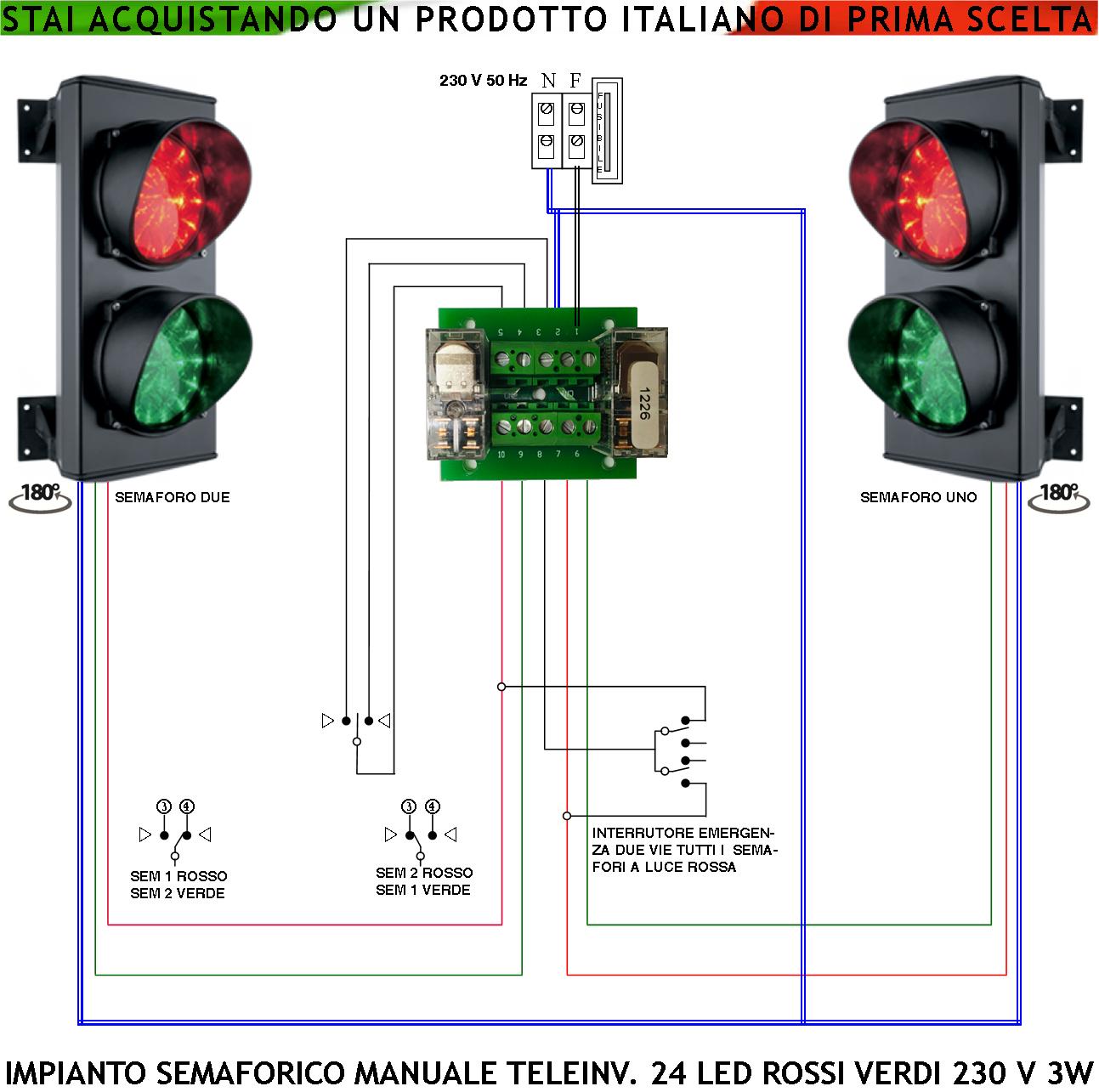 Kit Semafori Orientabili 180° Transito Condominio 24 Led Rossi 24 Led Verdi Lente Ø 124 mm Alimentato 230 V 3 W IP65 Funzioni Teleinvertitore Gestito da Operatore Passaggio e Sosta Garage Parcheggio