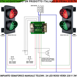 Kit Semafori Orientabili 180° Transito Condominio 24 Led Rossi 24 Led Verdi Lente Ø 124 mm Alimentato 230 V 3 W IP65 Funzioni Teleinvertitore Gestito da Operatore Passaggio e Sosta Garage Parcheggio