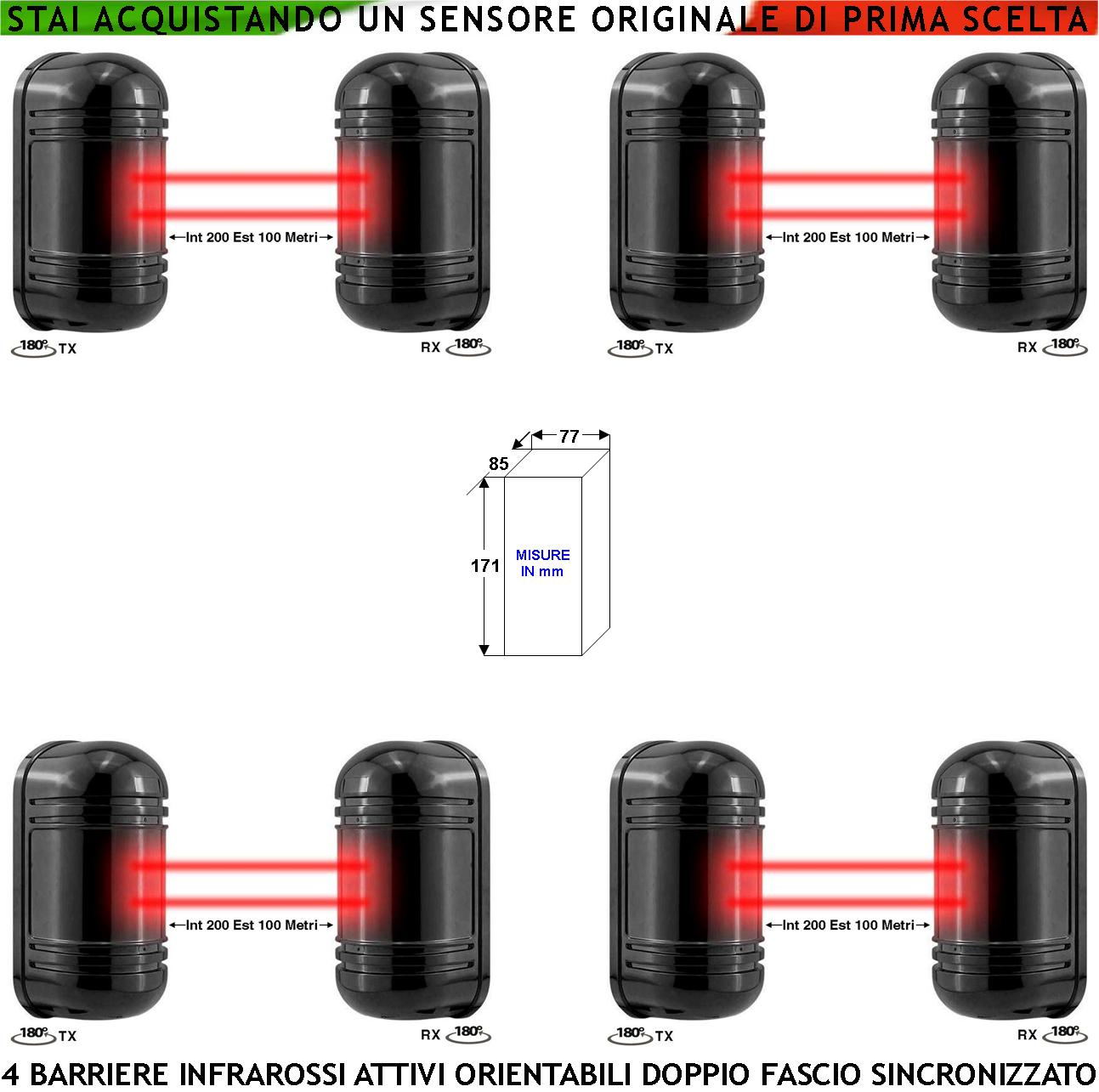 Barriera Infrarossi Attivi Doppio Fascio Orientabile 4 Pezzi Sensore Segnala Allarme Passaggio Intruso Protezione Lineare Portata 200 MT Interno 100 MT Esterno Collegamento a Filo Antifurto Alim. 12 V