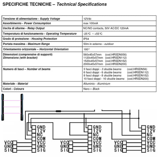 Barriera Infrarossi Attivi 6 Doppi Fasci Sensore Orientabile Segnala Allarme Passaggio Intruso Protezione Lineare Portata 100 MT Interno 50 MT Esterno H 112 Cm Collegamento a Filo Antifurto Alim. 12V