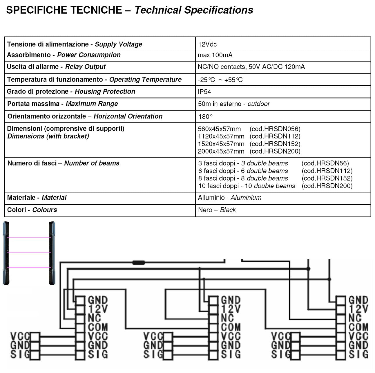 Barriera Antifurto 10 Multifasci Infrarossi Attivi Portata 100 MT Interno 50 MT Esterno H 200 Cm Allarme Estraneo Raggi Impostati Interratti Relè Libero Tamper Led e Cicalino Escludibili Aliment. 12 V