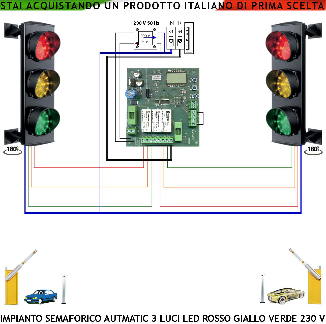 Kit Impianto Semaforo 3 Luci 24 Led Rossi 24 Led Gialli 24 Led Verdi 230 V 50 Hz 3 W CE IP65 Centrale di Comando Funzione Automatica Tempi Regolabili da 3 a 240. Ingresso Uscita Veicoli Rampa Garage