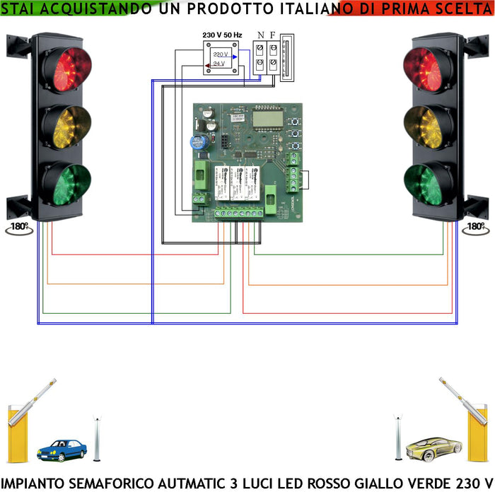 Kit Semafori Orientabili 180° Rampa Garage 24 Led Rossi 24 Led Gialli 24 Led Verdi 230 V 50 Hz 3 W CE IP65 Funzione Automatica Tempi Regolabili da 3 a 240 Secon. Sgombero Ordinato Transito Autoveicoli