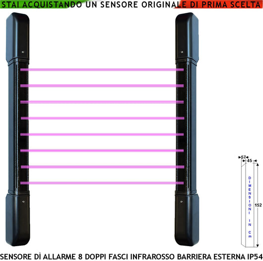 Barriera Infrarossi Attivi 8 Doppi Fasci Sensore Orientabile Segnala Allarme Passaggio Intruso Protezione Lineare Portata 100 MT Interno 50 MT Esterno H 152 Cm Collegamento a Filo Antifurto Alim. 12V