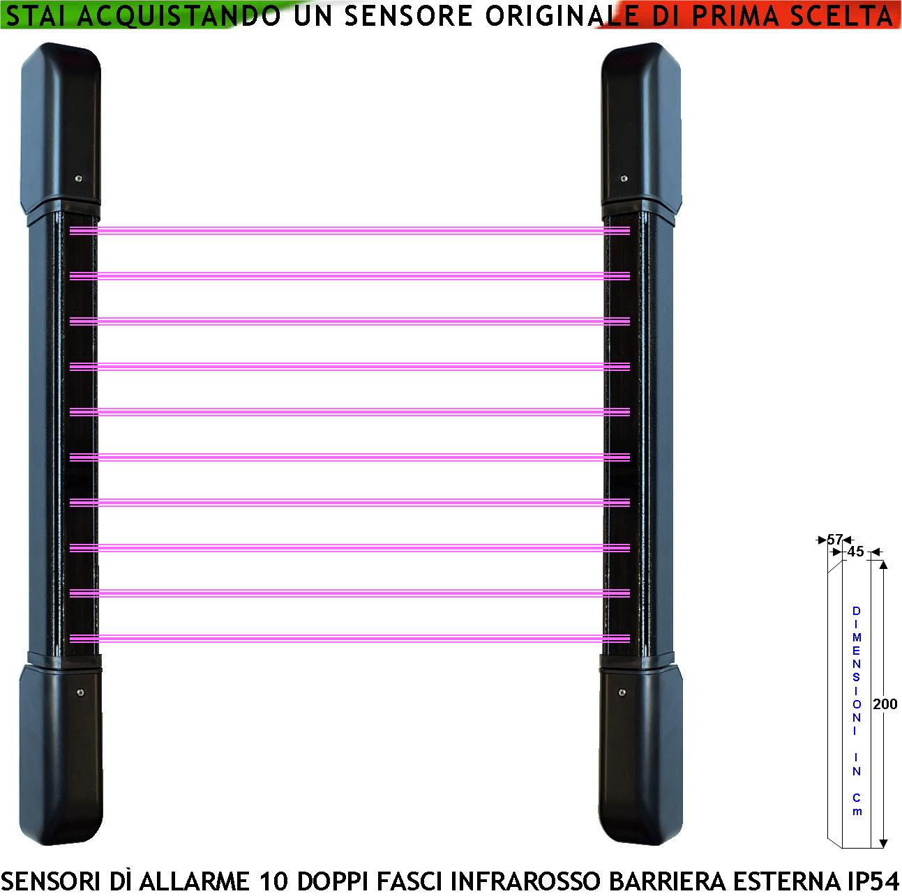 Barriera Antifurto 10 Multifasci Infrarossi Attivi Portata 100 MT Interno 50 MT Esterno H 200 Cm Allarme Estraneo Raggi Impostati Interratti Relè Libero Tamper Led e Cicalino Escludibili Aliment. 12 V