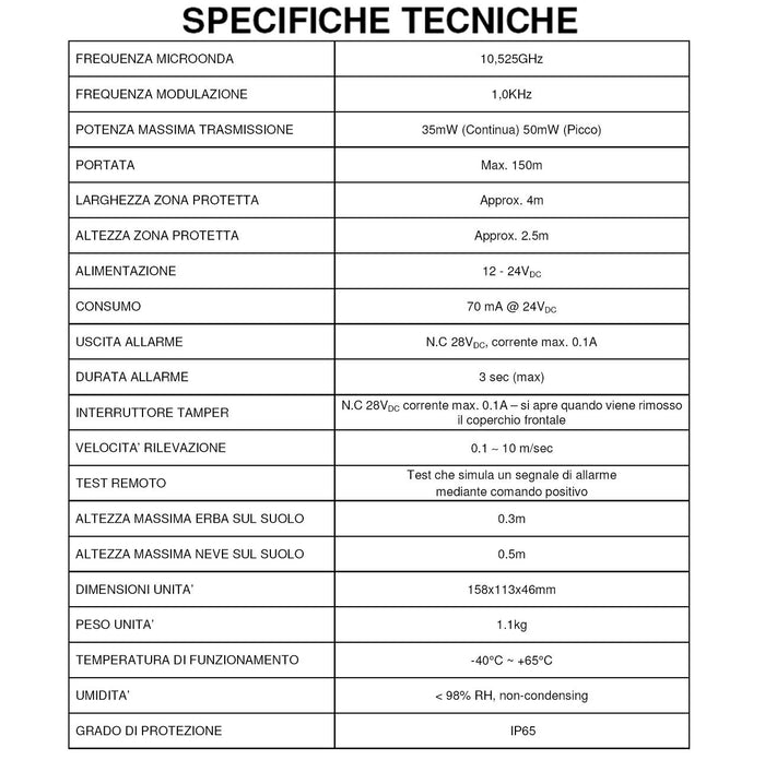 Rilevatore di Movimento Esterno Barriera Microonde Attive Segnala Allarme Intruso Protezione Lineare da Esterno Portata Max L150X∅4 Metri Collegamento Antifurto Via Filo Aliment. 12 V Freq. 10.525 GHz