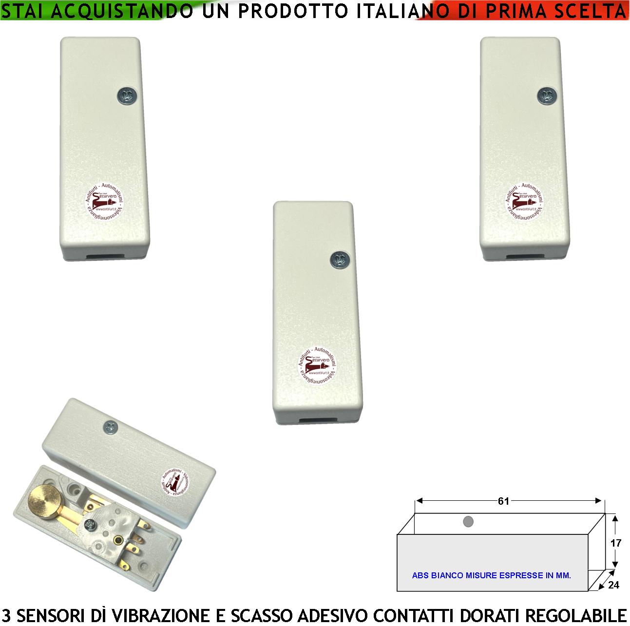 Rilevatore di Vibrazioni Continue e Scasso Tre Pezzi Via Filo Antifurto Inferriate Porte Allarme Vetrate Infissi Martelletto Regolabile Contatto Allarme NC Tamper Contenitore Adesivo ABS Bianco IP30