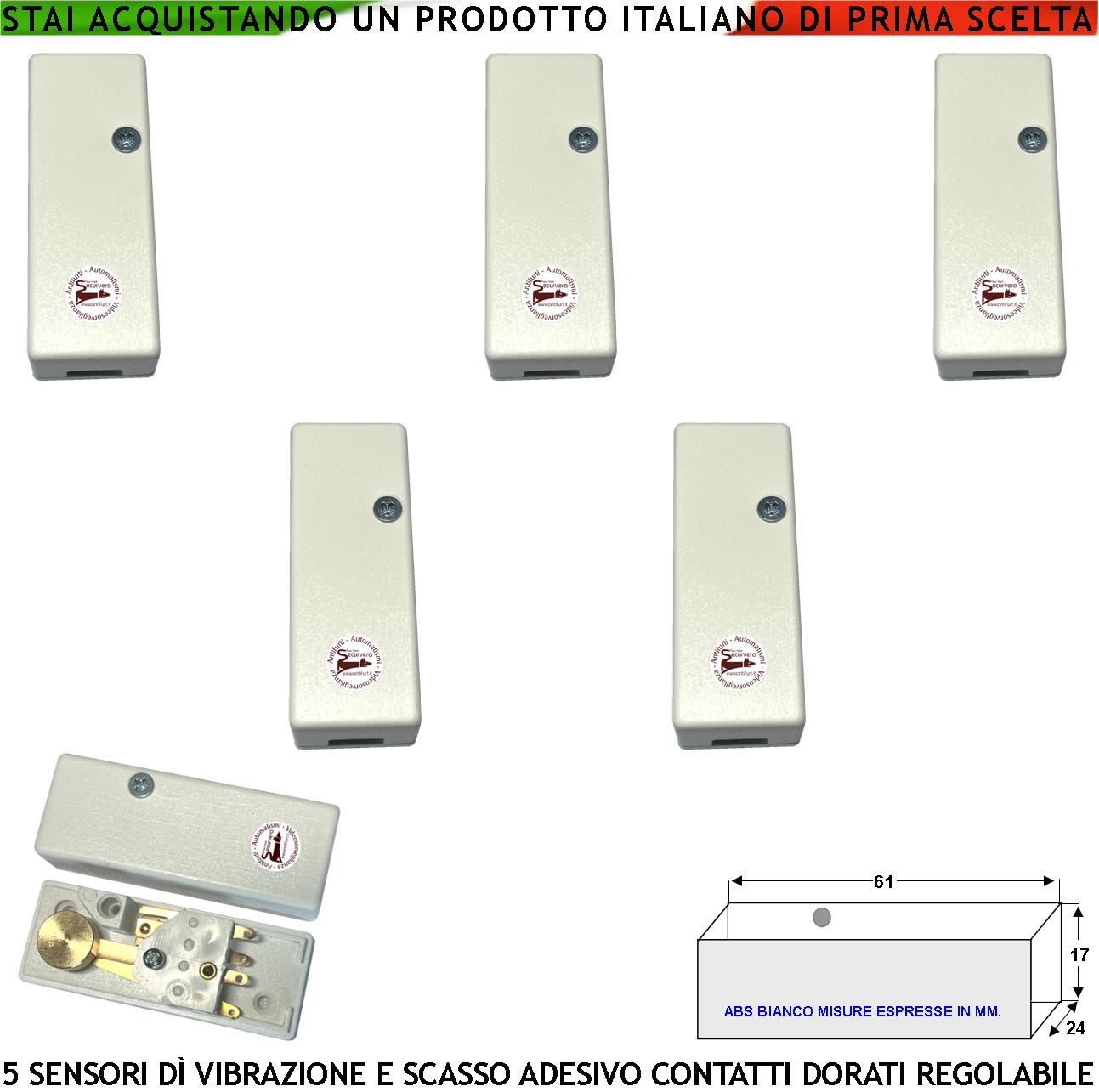 Rilevatori di Vibrazioni Continue e Scasso 5 Pezzi Via Filo Antifurto Inferriate Porte Allarme Vetrate Regolazione Martelletto Oscillante Contatto Allarme NC Tamper Contenitore Adesivo ABS Bianco IP30