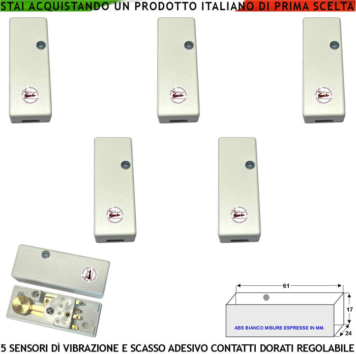 Rilevatori di Vibrazioni Continue e Scasso 5 Pezzi Via Filo Antifurto Inferriate Porte Allarme Vetrate Regolazione Martelletto Oscillante Contatto Allarme NC Tamper Contenitore Adesivo ABS Bianco IP30