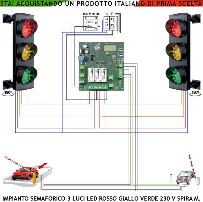 Semafori Orientabili 24 Led Rossi 24 Led Gialli 24 Led Verdi 230 V 50 Hz 3W CE IP65 Funzioni Controllate da 2 Spire Magnetiche 6 MT Tempi Regolabili da 3 a 240. Transito Autoveicoli su Rampa Garage