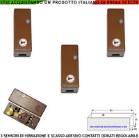 Sensore Adesivo Rileva lo Scasso le Vibrazioni Continue Tre Pezzi Per Antifurto Via Filo Inferriate Porte Vetrate Martelletto Regolabile Contatto Allarme NC Tamper Contenitore Adesivo ABS Marrone IP30