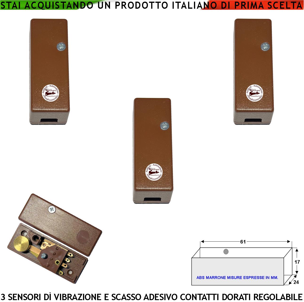 Rilevatore di Scasso Sensore di Vibrazioni Continue Tre Pezzi Per Antifurto Via Filo Di Inferriate Porte Infissi Martelletto Regolabile Contatto Allarme NC Tamper Contenitore Adesivo ABS Marrone IP30