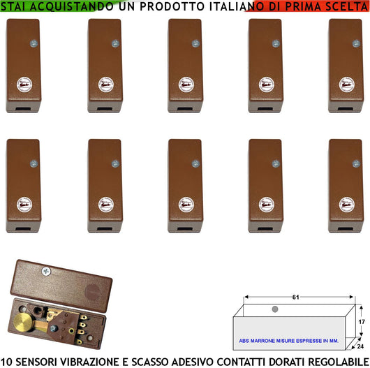 Sensore di Scasso Rileva le Vibrazioni Continue Dieci Pezzi Per Antifurto Via Filo Di Inferriate Porte Pareti Martelletto Regolabile Segnale Di Allarme NC Tamper Contenitore Adesivo ABS Marrone IP30