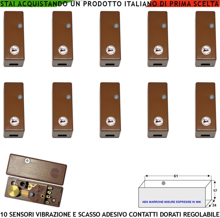 Rilevatore di Scasso Sensore di Vibrazioni Continue Dieci Pezzi Per Antifurto Via Filo Di Inferriate Porte Con Martelletto Regolabile Segnale Di Allarme NC Tamper Contenitore Adesivo ABS Marrone IP30