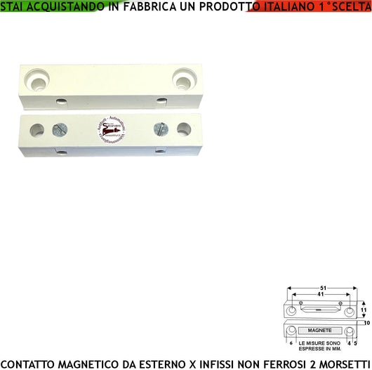 Rilevatore Magnetico Esterno Allarme Infissi Non Ferrosi Contatto Reed Sottovuoto Sensibilità Magnet 13 mm Tensione Transito Max 30 V 0,5 A Carico Resistivo Uscita NC 2 Morsetti Cover ABS Bianco IP40