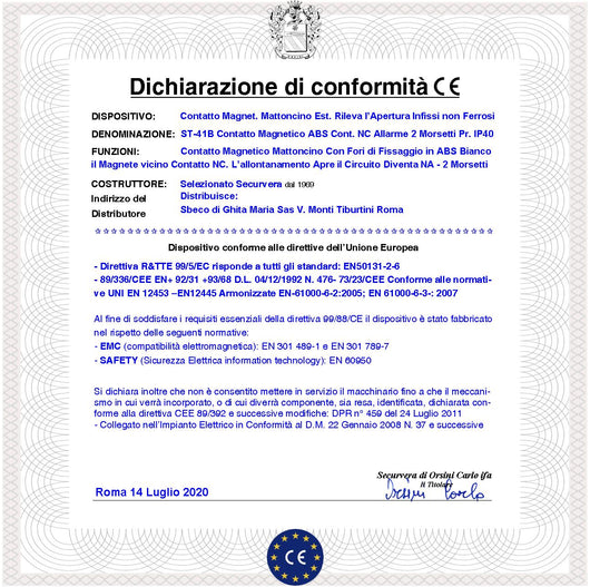 Rilevatore Magnetico Esterno 10 Pezzi Allarme Infissi Non Ferrosi Contatto Reed Uscita NC 2 Morsetti Sensibilità Magnetica 13mm Tensione Transito Max 30 V 0,5 A Carico Resistivo Cover ABS Bianco IP40