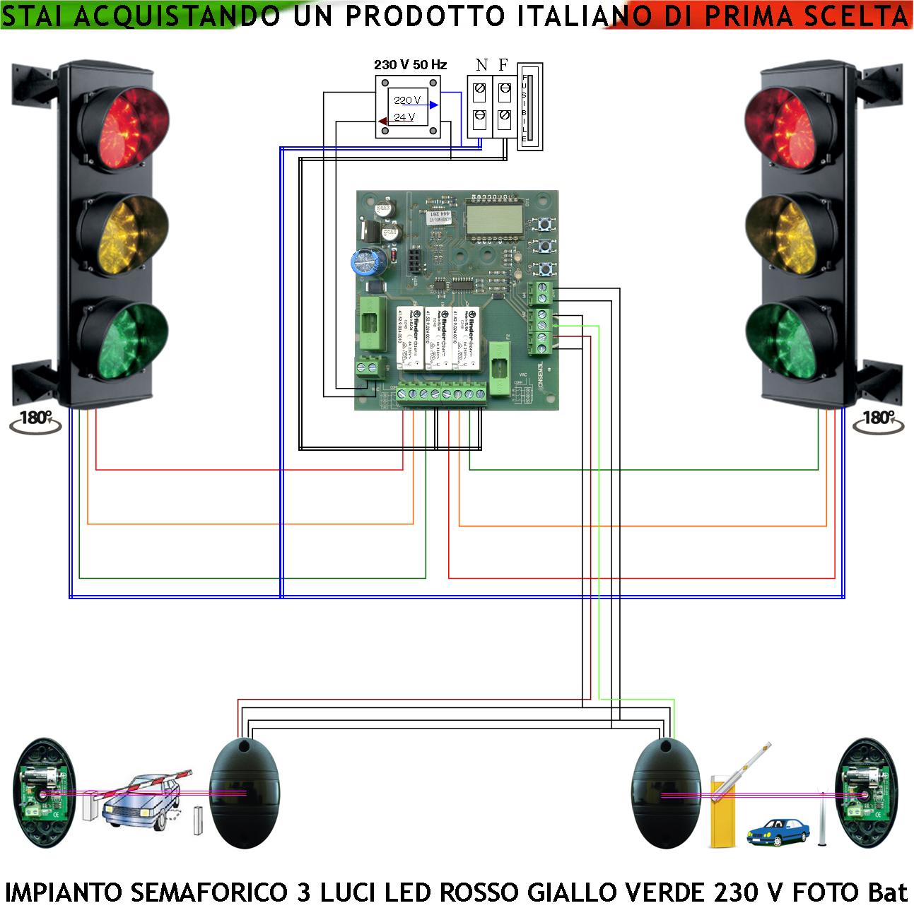 Impianto Semaforo Orientabile 24 Led Rossi Gialli e Verdi 230 V 50 Hz 3 W IP65 Funzioni Gestite da 2 Coppie di Fotocellule TX a Batteria Tempi Regolabili da 3 a 240. Ingresso Uscita Veicoli dal Garage