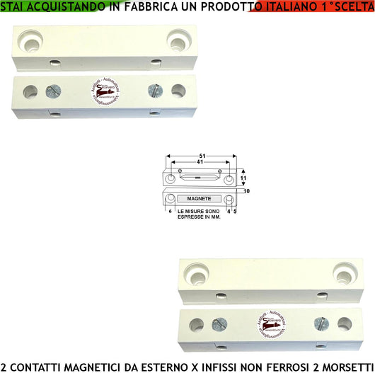 Rilevatore Magnetico Esterno 2 Pezzi Allarme Infissi Non Ferrosi Contatto Reed Uscita NC Sensibilità Magnetica 13 mm Tensione Transito Max 30 V 0,5 A Carico Resistivo 2 Morsetti Cover ABS Bianco IP40
