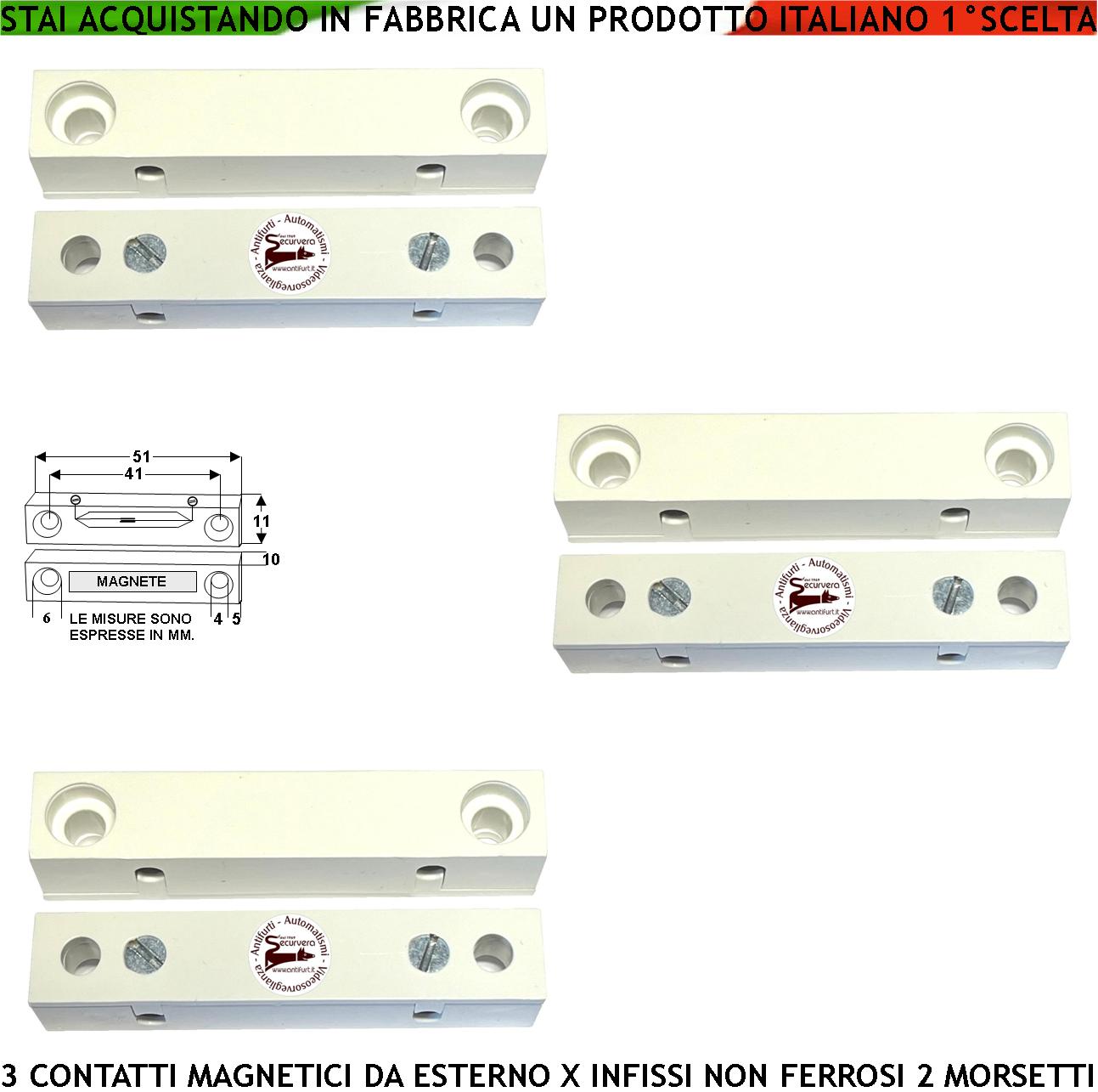 Protezione Porte Tre Pezzi Contatto Magnetico da Esterno Sensore Allarme Reed Uscita NC Sensibilità Magnetica 13 mm Tensione Transito Max 30 V 0,5 Ah Carico Resistivo 2 Morsetti Cover ABS Bianco IP40