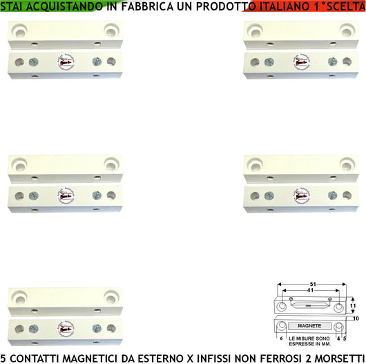 Protezione Porte 5 Pezzi Contatto Magnetico da Esterno Sensore Allarme Reed Uscita NC 2 Morsetti Sensibilità Magnetica 13 mm Tensione Transito Max 30 V 0,5 A Carico Resistivo Cover ABS Bianco IP40