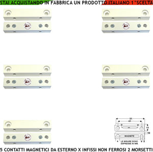 Contatto Magnetico Uscita NC Per Allarme da Esterno Cinque Pezzi Sensore Reed  Sensibilità Magnetica 13mm Tensione Transito Max 30 V 0,5 A Carico Resistivo 2 Morsetti Cover ABS Bianco Protezione IP40