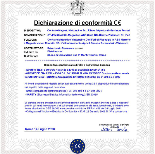 Sensore Apertura Porte Contatto Magnetico Esterno Reed Antifurto Sensibilità Magnetica 13 mm Tensione Transito Max 30 V 0,5 A Carico Resistivo Uscita NC 2 Morsetti Cover ABS Marrone Protezione IP40