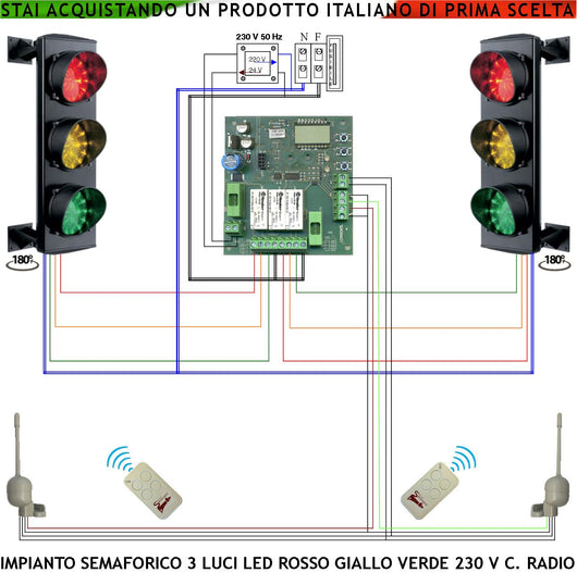 Kit Impianto Semaforo 24 Led Rossi Gialli e Verdi 230 V 50 Hz 3 W IP65 Funzioni Controllate da 2 Radioriceventi 2 Radiocomandi 433 MHz Tempi Regolabili da 3 a 240. Ingresso Uscita Veicoli Parcheggio