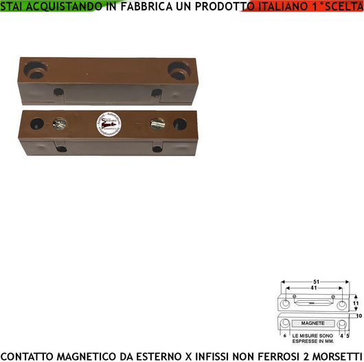 Rilevatore Magnetico da Esterno Allarme Infissi Non Ferrosi Contatto Reed Sensibilità Magnetica 13 mm Tensione Transito Max 30 V 0,5 A Carico Resistivo Uscita NC 2 Morsetti Cover ABS Marrone IP40