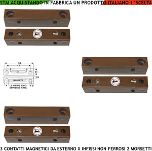 Sensore Magnetico da Esterno 3 Pezzi Antifurto Contatto Reed Sottovuoto Uscita NC Sensibilità Magnetica 13 mm Tensione Transito Max 30 V 0,5 A Carico Resistivo 2 Morsetti Cover ABS Marrone Prot. IP40