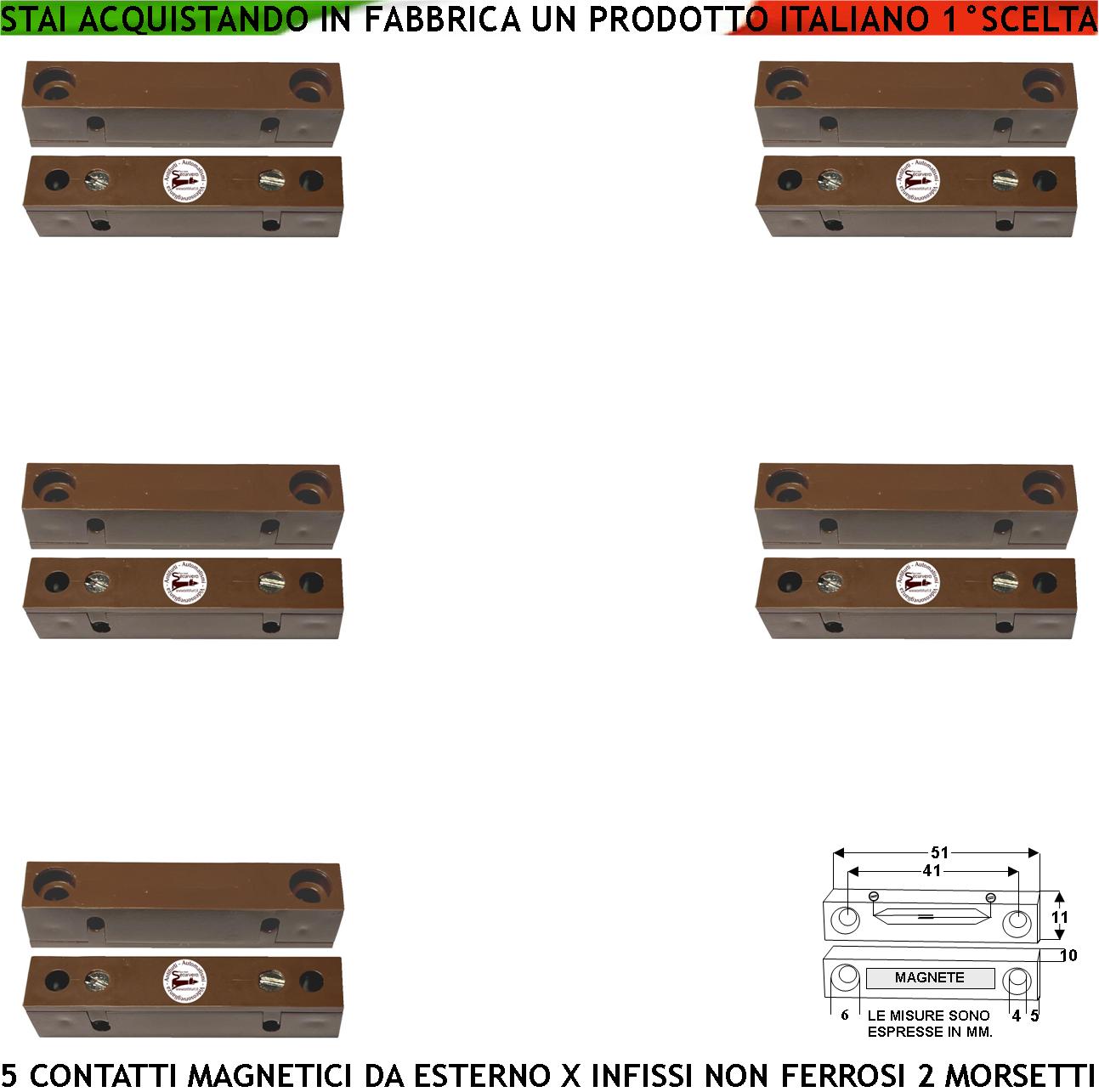 Protezione Porte Contatto Magnetico da Esterno 5 Pezzi Sensore Allarme Reed Uscita NC Sensibilità Magnetica 13 mm Tensione Transito Max 30 V 0,5 A Carico Resistivo 2 Morsetti Cover ABS Marrone IP40