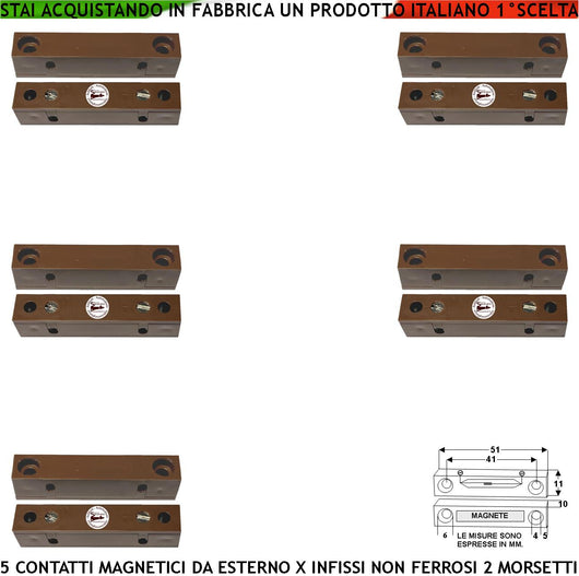 Contatto Magnetico da Esterno Cinque Pezzi Sensore Reed Uscita Antifurto Morsetti NC Sensibilità Magnetica 13 mm Tensione Transito Max 30 V 0,5 A Carico Resistivo 2 Cover ABS Marrone Protezione IP40