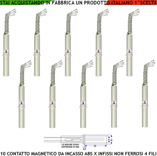 Contatto Magnetico ABS Forma Cilindrica da Incasso 10 Sensori Magnetici 8 mm Reed Uscita NC Collegamento 4 Fili Tensione Transito Max 100 V 10W Carico Resistivo Antifurto Infissi Non Ferrosi Prot IP65