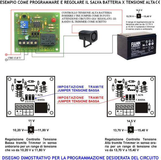 Modulo Salva Batteria 12 V Controlla La Tensione di Carica Alta Tarato e Tarabile Intervento Relè Ritardato Evita L'innesco Ripetitivo Può Disattivare Sistemi di Ricarica Attivare Sirene Chiamate GSM