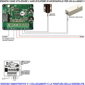 Amplificatore di Microimpulsi Per Sensori di Allarme Inerziali o Vibratori Analizza Tentativi di Effrazione o Scasso 2 Linee Bilanciate Regolazione Separata della Sensibilità Uscita Relè Sc. 1 A a 24V