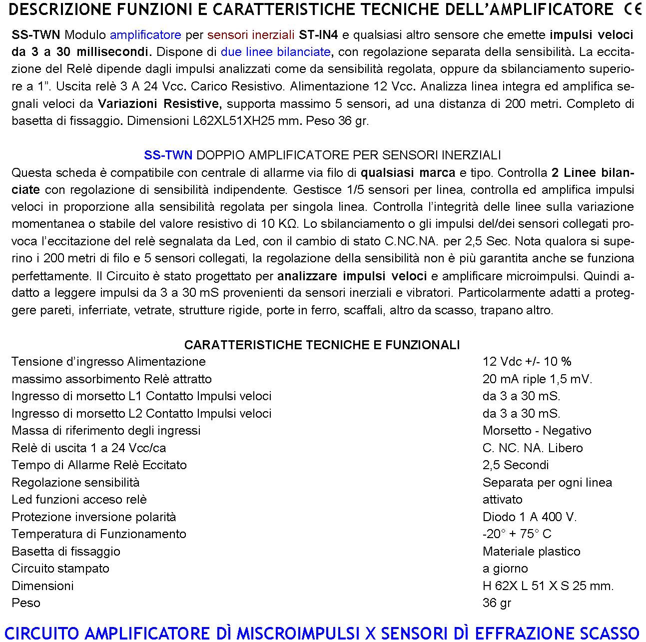 Amplificatore di Microimpulsi Per Sensori di Allarme Inerziali o Vibratori Analizza Tentativi di Effrazione o Scasso 2 Linee Bilanciate Regolazione Separata della Sensibilità Uscita Relè Sc. 1 A a 24V