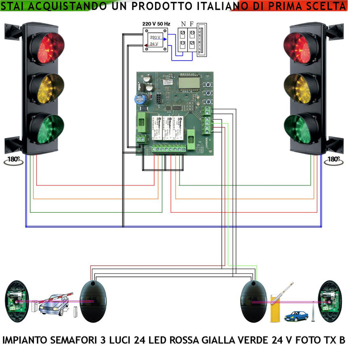 Semafori Gestione Traffico Parcheggio 3 Luci 3 Schede da 24 Led Rossi Gialli e Verdi 24 V IP65 Centrale Con Tempi Regolabili da 3 a 240 Secondi Funzioni Controllate da 2 Coppie di Fotocellule Con TX Batteria Transito Autoveicoli Condominio